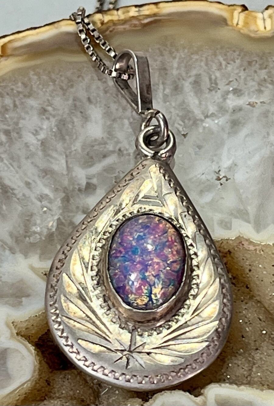ALEX Mexico Sterling Silver 925 Teardrop Fire Opal Pendant 18” Necklace- Signed